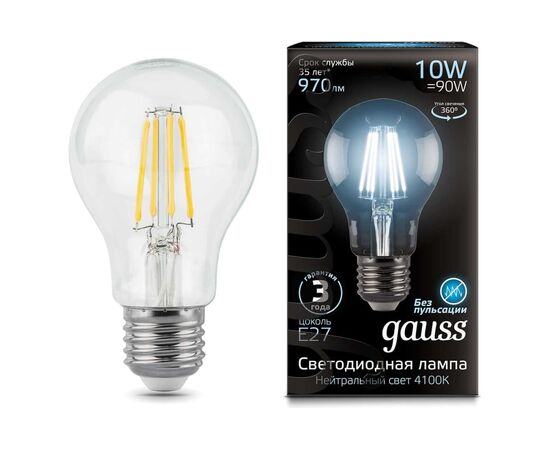  Лампа Gauss (102802210) филам. 10Вт цок. E27 шар 220B 4100K св.свеч.бел.нейт. A60 (упак. 10шт) 