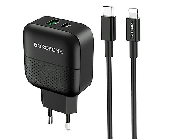  Адаптер Сетевой с кабелем Borofone BA46A Premium PD+QC3.0 1USB/1TYPE-C/5V/3A +Type-C to Light(124189 