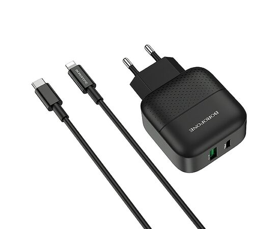  Адаптер Сетевой с кабелем Borofone BA46A Premium PD+QC3.0 1USB/1TYPE-C/5V/3A +Type-C to Light(124189 