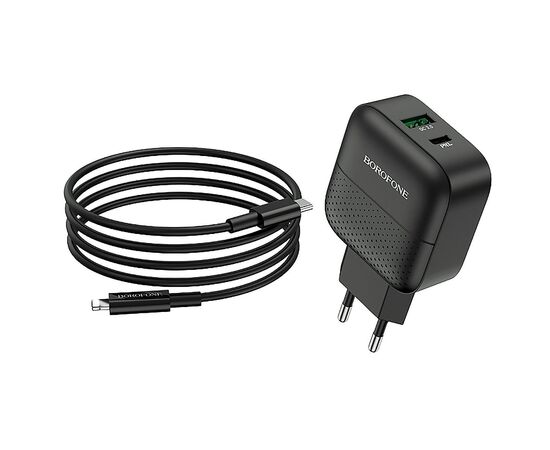  Адаптер Сетевой с кабелем Borofone BA46A Premium PD+QC3.0 1USB/1TYPE-C/5V/3A +Type-C to Light(124189 