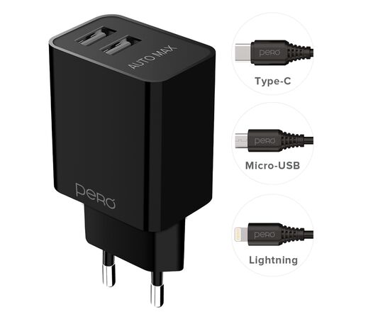 СЗУ PERO TC02 2USB 2.1A c кабелем Micro USB в комплекте, черный 