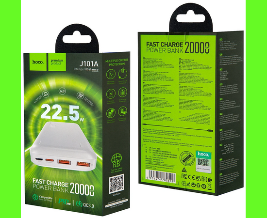  Аккумулятор внешний HOCO J101A, Astute, 20000mAh, QC3.0, PD3.0, цвет: белый (1/42) 