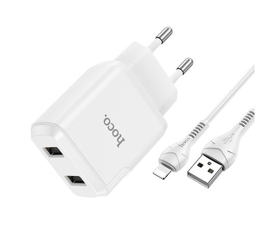  Сетевое зарядное устройство HOCO N7 Speedy 2xUSB с Кабелем USB - Lightning, 2.1A, 10W, белый 