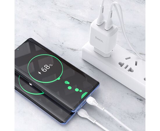  Сетевое зарядное устройство HOCO N7 Speedy 2xUSB с Кабелем USB - Lightning, 2.1A, 10W, белый 