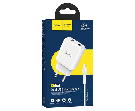  Сетевое зарядное устройство HOCO N7 Speedy 2xUSB с Кабелем USB - Lightning, 2.1A, 10W, белый 