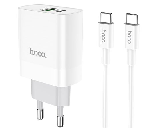  Сетевое зарядное устройство HOCO C80A Rapido 1xUSB + 1xUSB-C с Кабелем Type-C - Type-C, 3.1A, 20W, белый 
