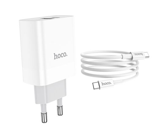  Сетевое зарядное устройство HOCO C80A Rapido 1xUSB + 1xUSB-C с Кабелем Type-C - Type-C, 3.1A, 20W, белый 