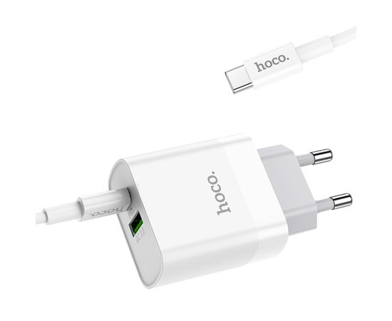  Сетевое зарядное устройство HOCO C80A Rapido 1xUSB + 1xUSB-C с Кабелем Type-C - Type-C, 3.1A, 20W, белый 