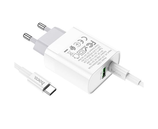 Сетевое зарядное устройство HOCO C80A Rapido 1xUSB + 1xUSB-C с Кабелем Type-C - Type-C, 3.1A, 20W, белый 