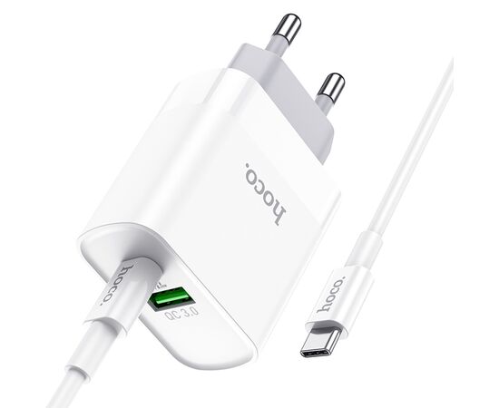  Сетевое зарядное устройство HOCO C80A Rapido 1xUSB + 1xUSB-C с Кабелем Type-C - Type-C, 3.1A, 20W, белый 