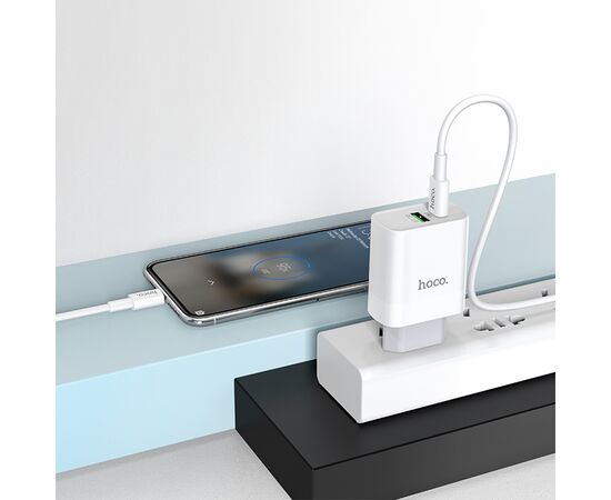  Сетевое зарядное устройство HOCO C80A Rapido 1xUSB + 1xUSB-C с Кабелем Type-C - Type-C, 3.1A, 20W, белый 