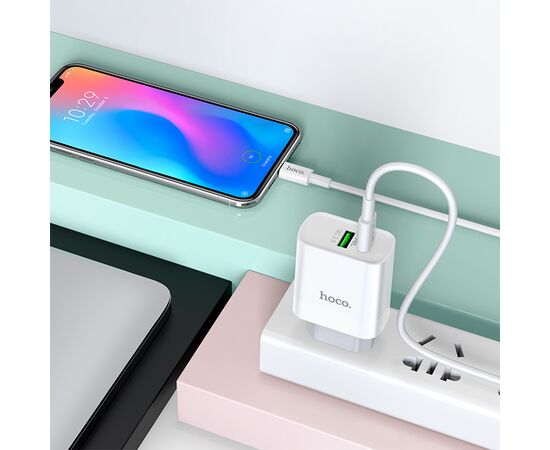  Сетевое зарядное устройство HOCO C80A Rapido 1xUSB + 1xUSB-C с Кабелем Type-C - Type-C, 3.1A, 20W, белый 