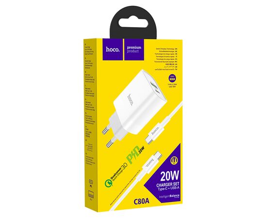  Сетевое зарядное устройство HOCO C80A Rapido 1xUSB + 1xUSB-C с Кабелем Type-C - Type-C, 3.1A, 20W, белый 