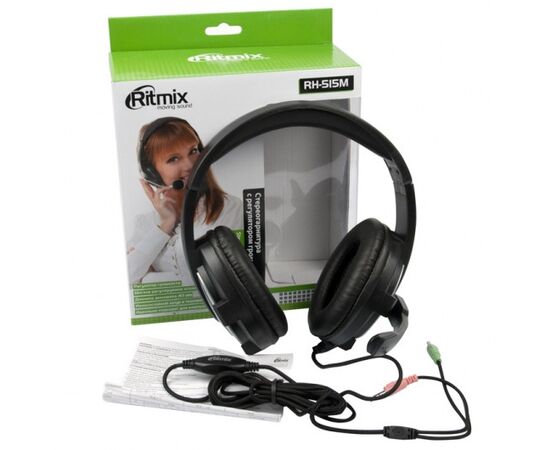  Гарнитура Ritmix RH-515М Black, мониторный тип O40 мм, микрофон на жёсткой ножке, регулируемое оголовье, регулятор громкости, 3.5 mm jack, кабель: 2,4 м, тканевая оплётка 