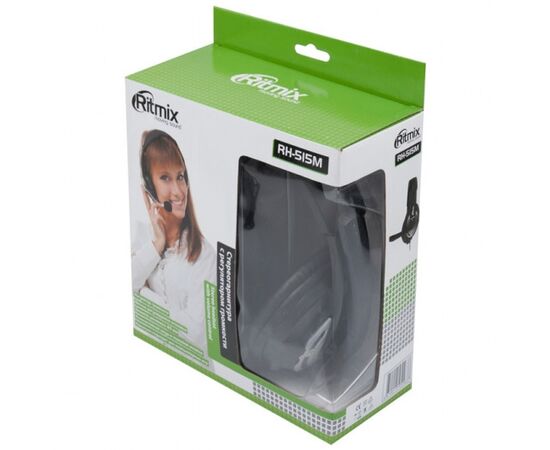 Гарнитура Ritmix RH-515М Black, мониторный тип O40 мм, микрофон на жёсткой ножке, регулируемое оголовье, регулятор громкости, 3.5 mm jack, кабель: 2,4 м, тканевая оплётка 