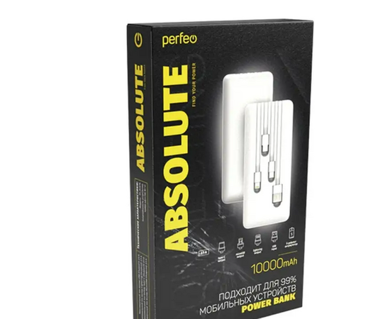  Perfeo Powerbank ABSOLUTE 10000mah In Micro usb,USB /Out USB,Micro usb,Type-C,Lightning, 2.1А/ White 