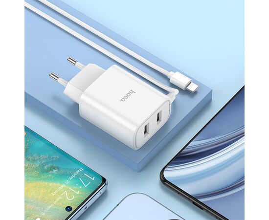  Сетевое зарядное устройство HOCO C103A Courser 2xUSB с Кабелем Lightning, 2.1A, 10.5W, белый 
