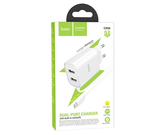  Сетевое зарядное устройство HOCO C103A Courser 2xUSB с Кабелем Lightning, 2.1A, 10.5W, белый 