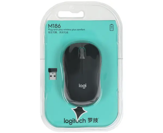  Мышь беспроводная Logitech M186 (910-004131) черный/серый (1000dpi) USB2.0 (2but) 