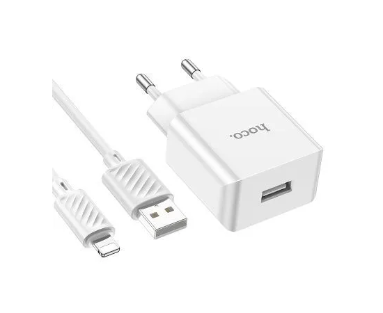  Блок питания сетевой 1 USB HOCO C106A Leisure, 2.1A, кабель 8 pin, цвет: белый (1/30/180) 