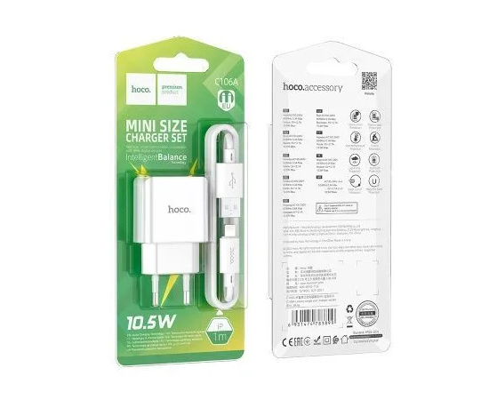  Блок питания сетевой 1 USB HOCO C106A Leisure, 2.1A, кабель 8 pin, цвет: белый (1/30/180) 