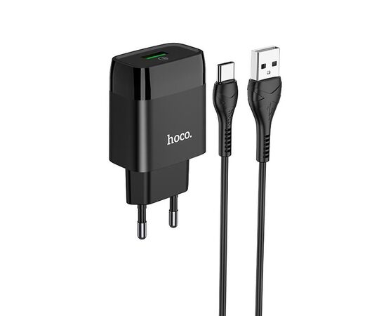  Сетевое зарядное устройство 1USB 3.0A QC3.0 быстрая зарядка с дата-кабелем Type-C Hoco C72Q 1м (Black) 