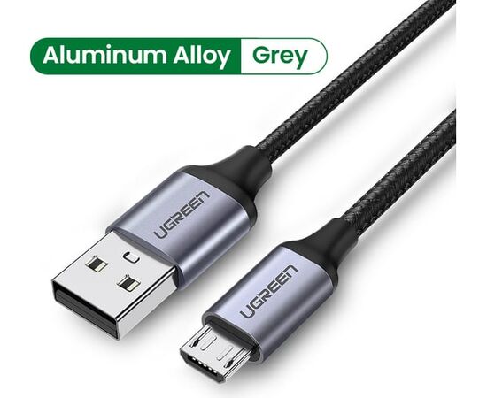  Кабель UGREEN US290 60147 USB 2.0 A to Micro USB Cable Nickel Plating Alu Braid 1,5m Grey/Black 