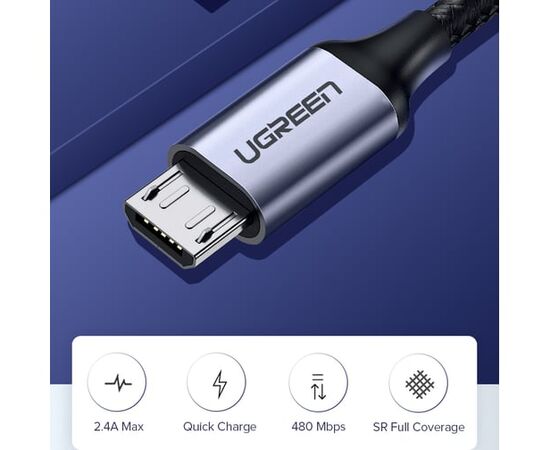  Кабель UGREEN US290 60147 USB 2.0 A to Micro USB Cable Nickel Plating Alu Braid 1,5m Grey/Black 