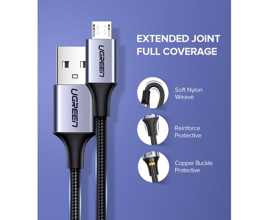  Кабель UGREEN US290 60147 USB 2.0 A to Micro USB Cable Nickel Plating Alu Braid 1,5m Grey/Black 