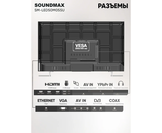  50" Телевизор Soundmax SM-LED50M05SU черный 3840x2160, 4K Ultra HD, 60 Гц, Wi-Fi, Smart TV, Яндекс.ТВ 