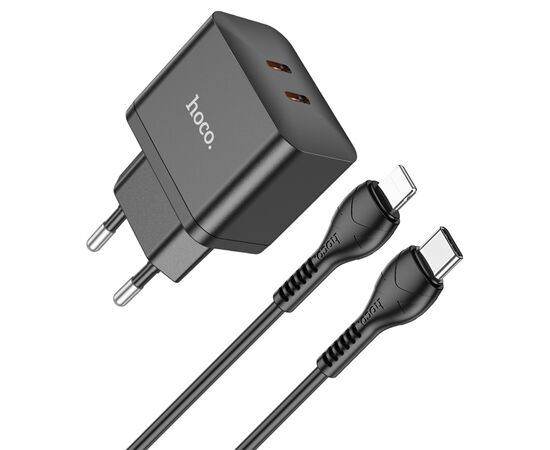  Сетевое зарядное устройство HOCO N29 Triumph 2xUSB-C с Кабелем Type-C - Lightning, 35W, черный 