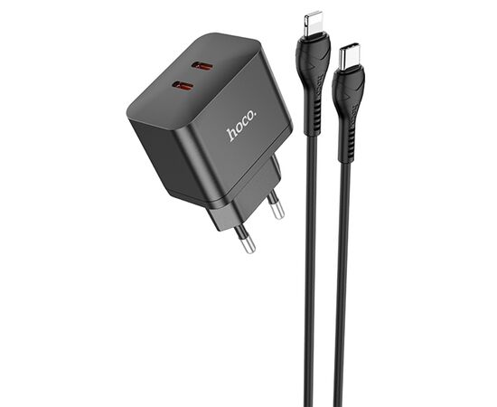  Сетевое зарядное устройство HOCO N29 Triumph 2xUSB-C с Кабелем Type-C - Lightning, 35W, черный 