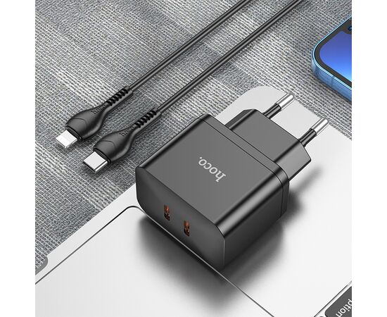  Сетевое зарядное устройство HOCO N29 Triumph 2xUSB-C с Кабелем Type-C - Lightning, 35W, черный 