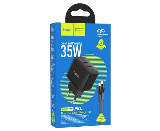  Сетевое зарядное устройство HOCO N29 Triumph 2xUSB-C с Кабелем Type-C - Lightning, 35W, черный 